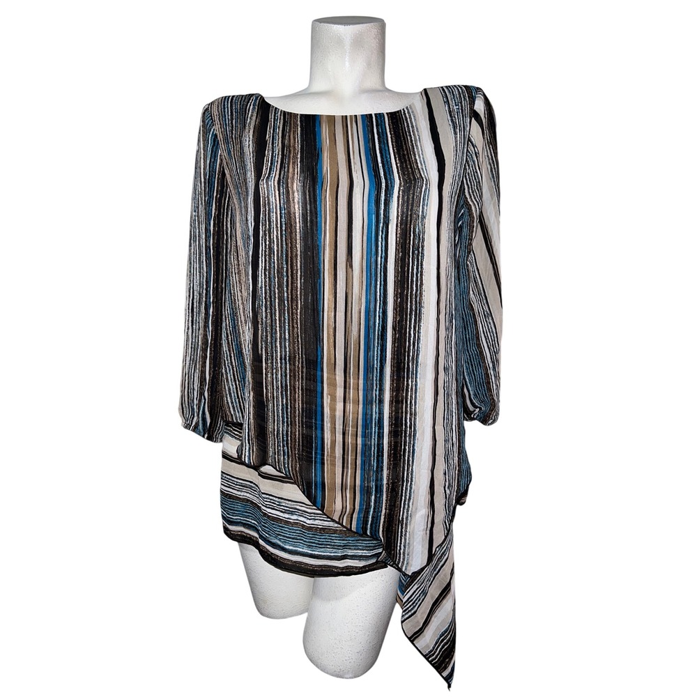 Chicos Travelers Collection Striped Asymmetrical Layered Blouse Blue Brown M (1)
